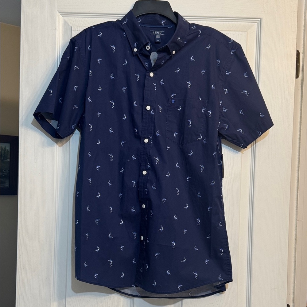 Izod Dark Blue Casual Button Down Shirt with pattern